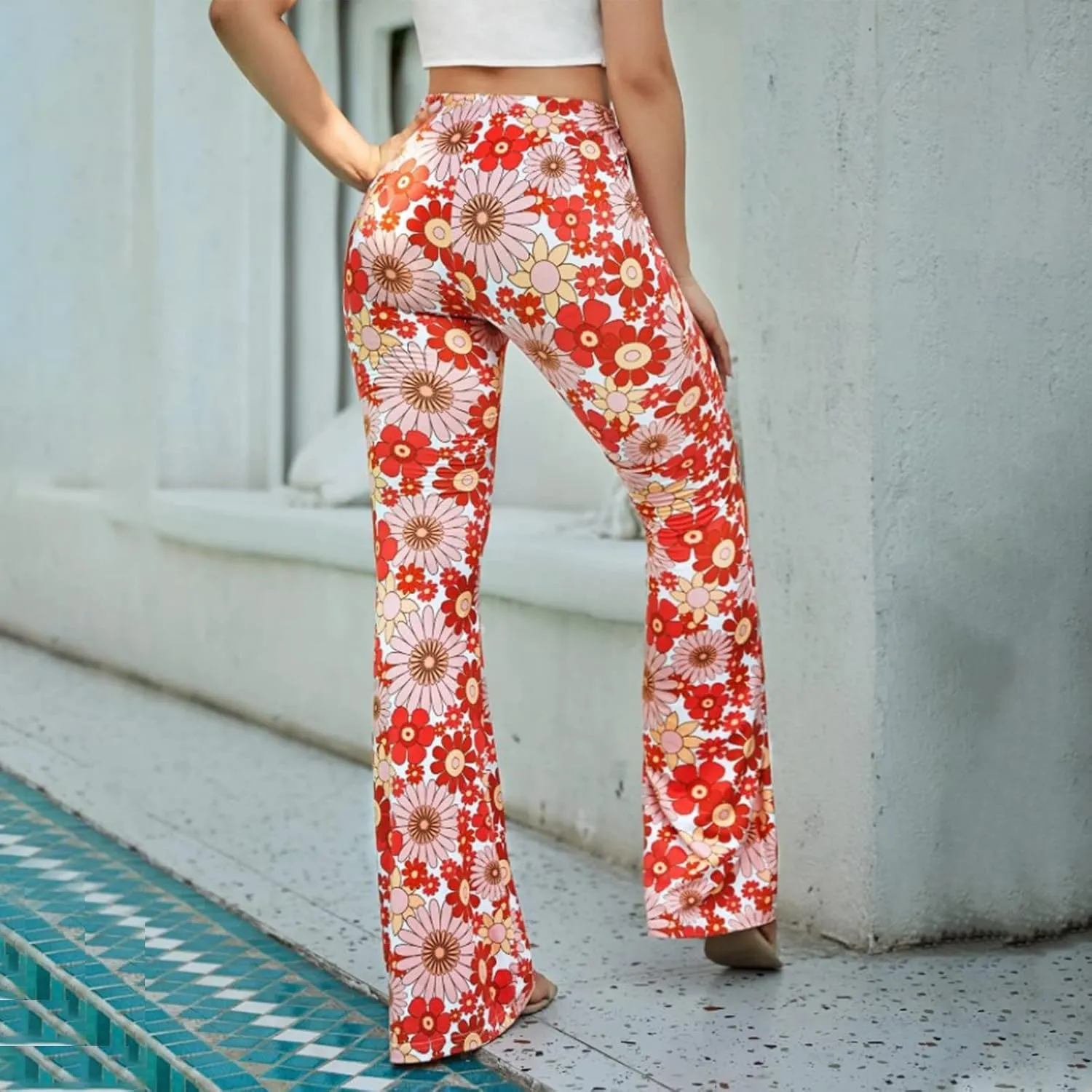 Ceboyel Womens Floral Print Boho Flare Pants Bell Bottoms Trousers High Elastic Waist Palazzo Lounge Pants 70S Outfits