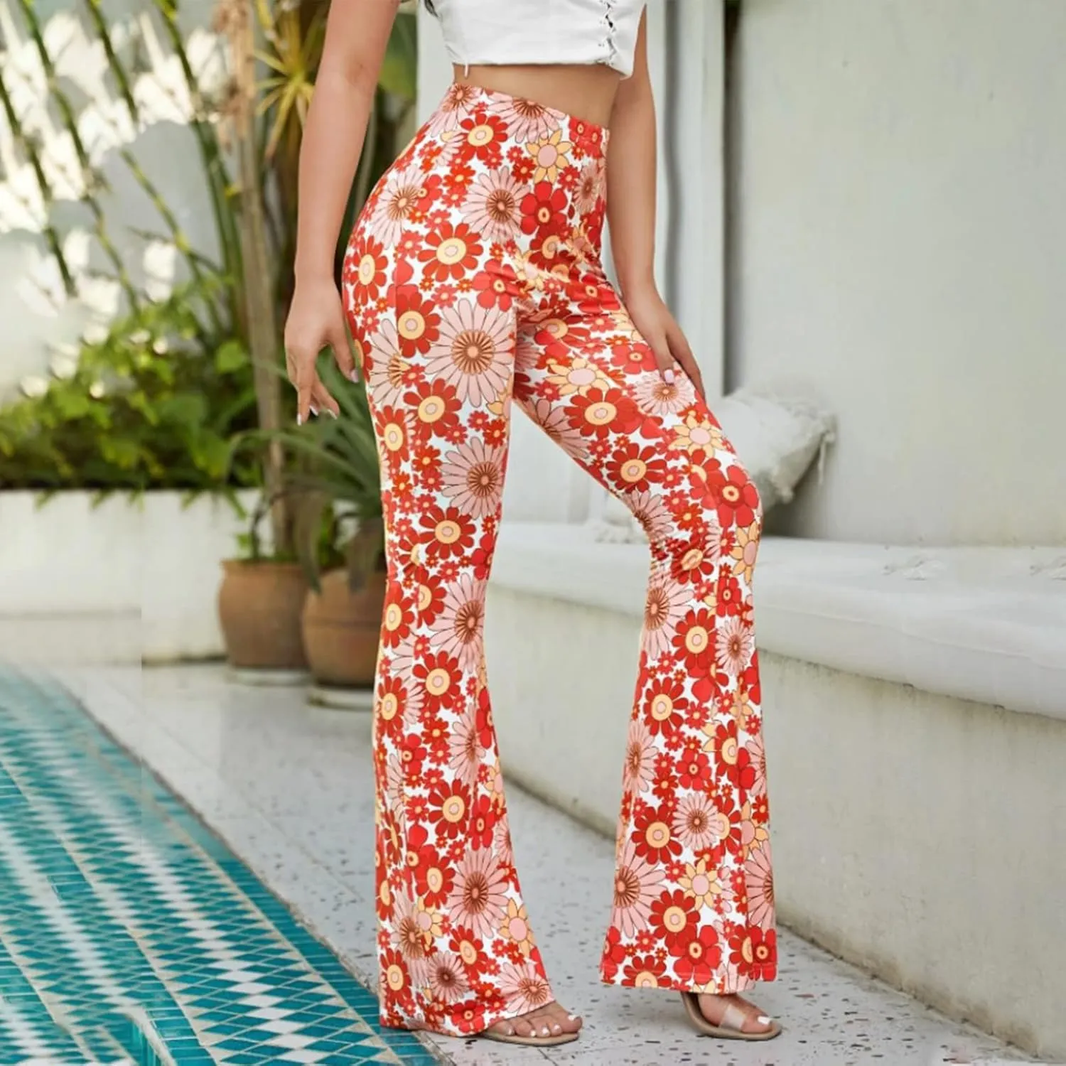 Ceboyel Womens Floral Print Boho Flare Pants Bell Bottoms Trousers High Elastic Waist Palazzo Lounge Pants 70S Outfits