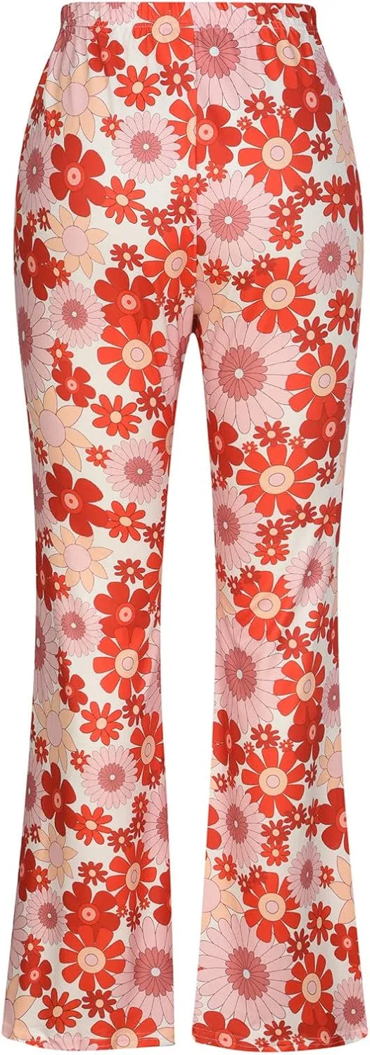 Ceboyel Womens Floral Print Boho Flare Pants Bell Bottoms Trousers High Elastic Waist Palazzo Lounge Pants 70S Outfits
