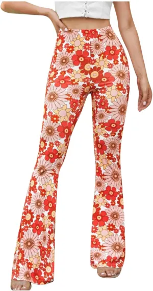 Ceboyel Womens Floral Print Boho Flare Pants Bell Bottoms Trousers High Elastic Waist Palazzo Lounge Pants 70S Outfits