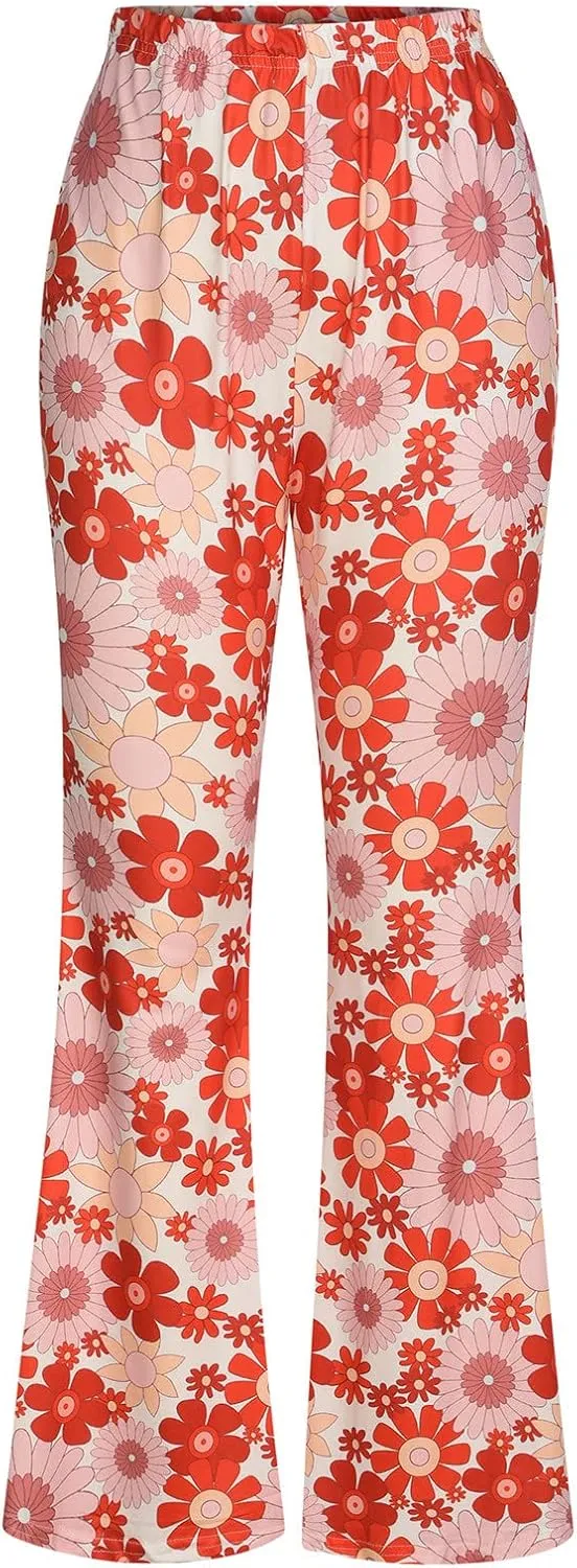 Ceboyel Womens Floral Print Boho Flare Pants Bell Bottoms Trousers High Elastic Waist Palazzo Lounge Pants 70S Outfits