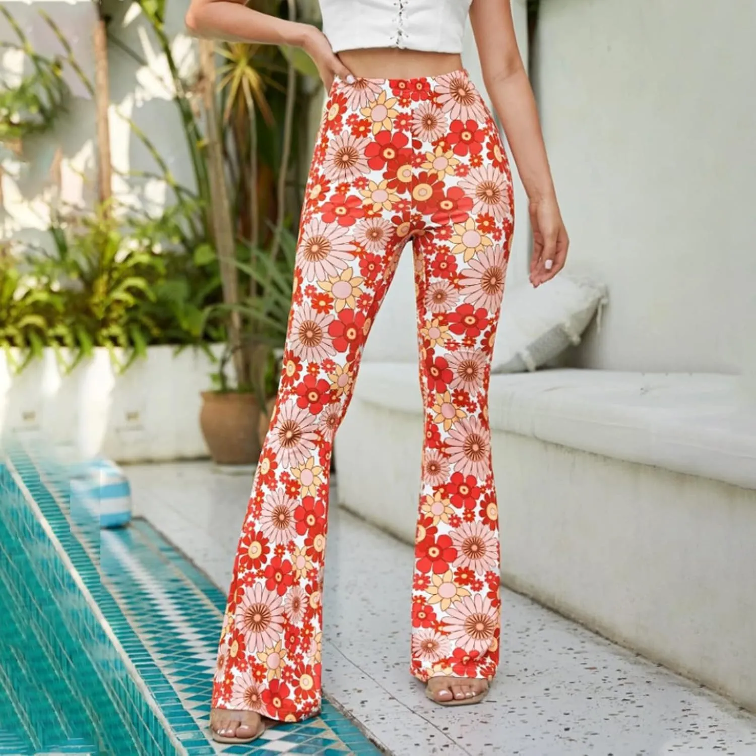 Ceboyel Womens Floral Print Boho Flare Pants Bell Bottoms Trousers High Elastic Waist Palazzo Lounge Pants 70S Outfits