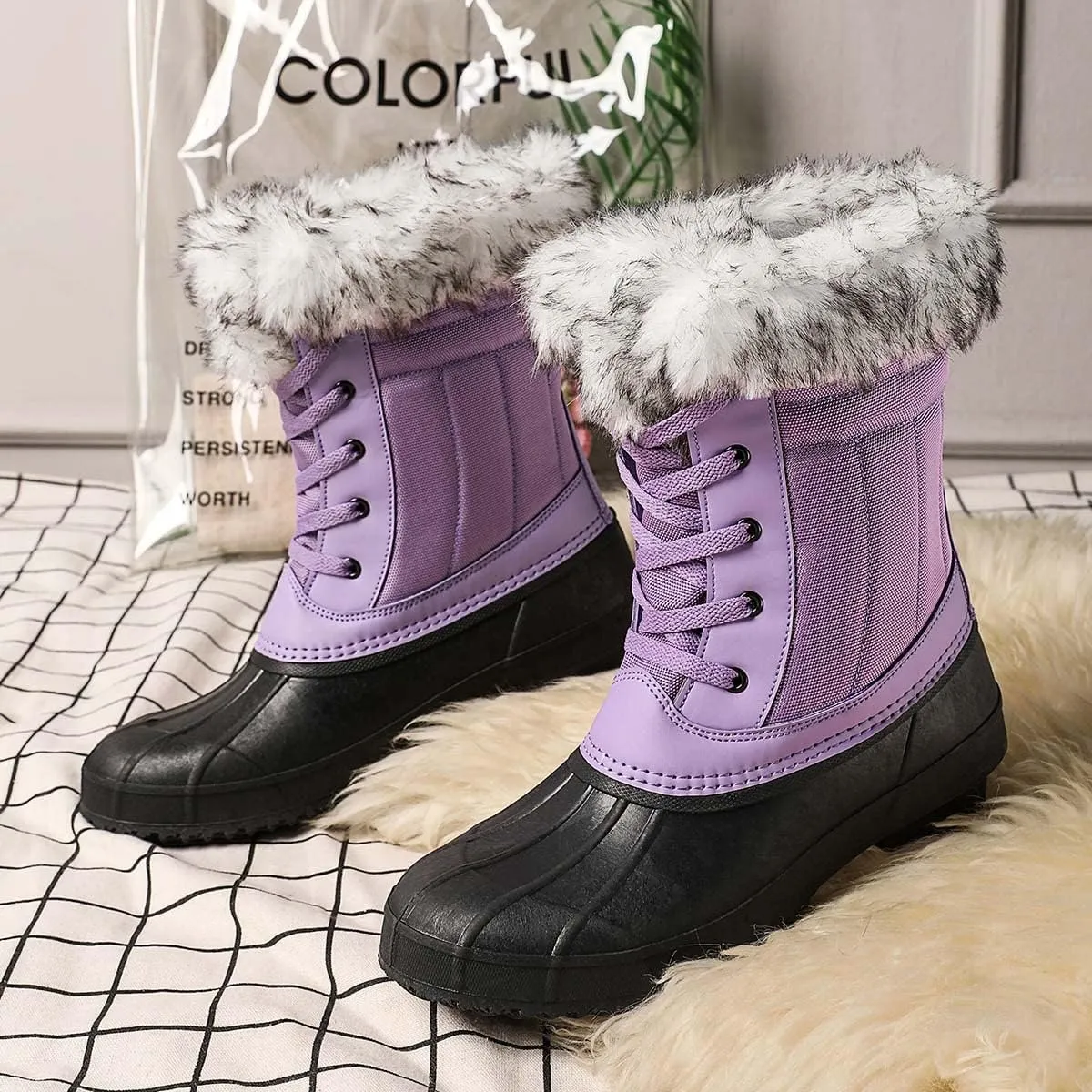 CERYTHRINA Womens Duck Boots Waterproof Warm Snow Boots Outdoor Warm Lined Winter Booties Mid-Calf Rain Boot