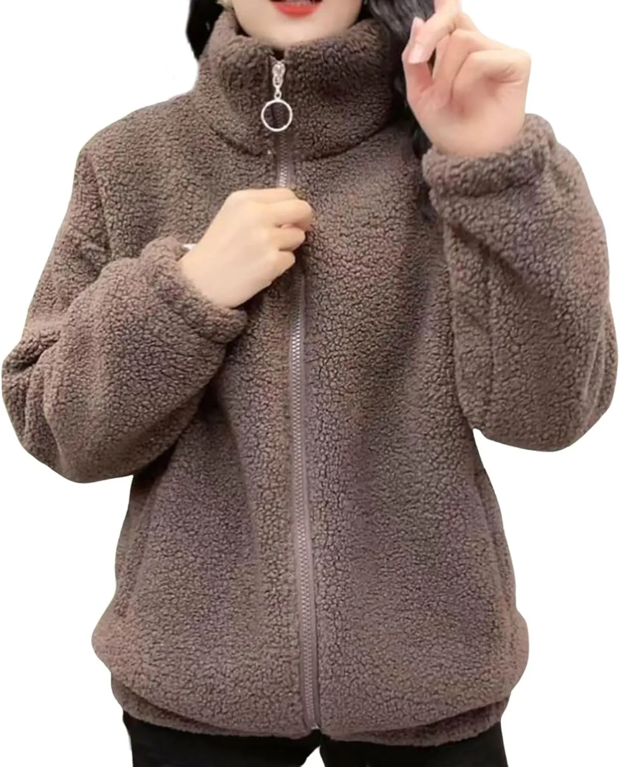 CHARTOU Women Shaggy Fuzzy Sherpa Fleece Jacket Oversized Zip Up Hoodie Shacket Warm Faux Shearling Coat Winter