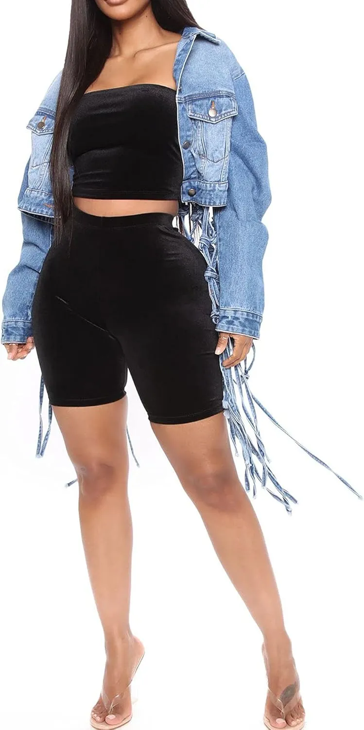 CHARTOU Women's Dressy Button Down Fringed Back Knotted Cropped Denim Jacket
