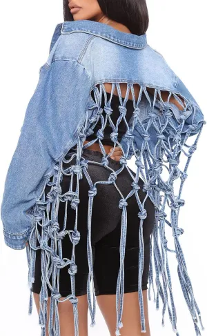 CHARTOU Women's Dressy Button Down Fringed Back Knotted Cropped Denim Jacket