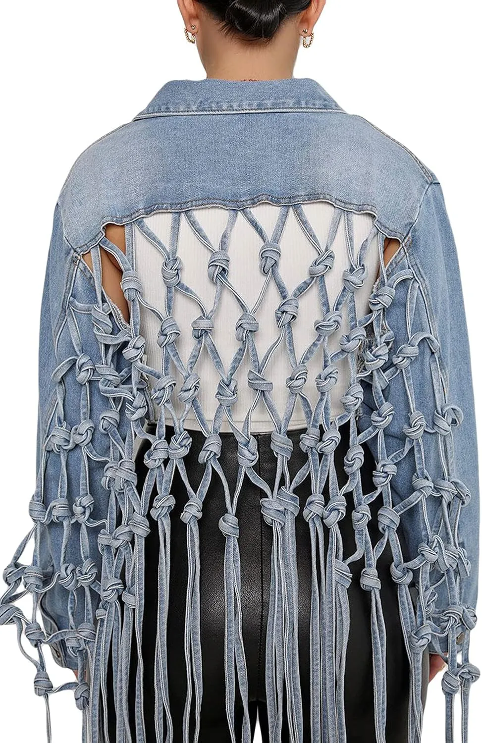 CHARTOU Women's Dressy Button Down Fringed Back Knotted Cropped Denim Jacket