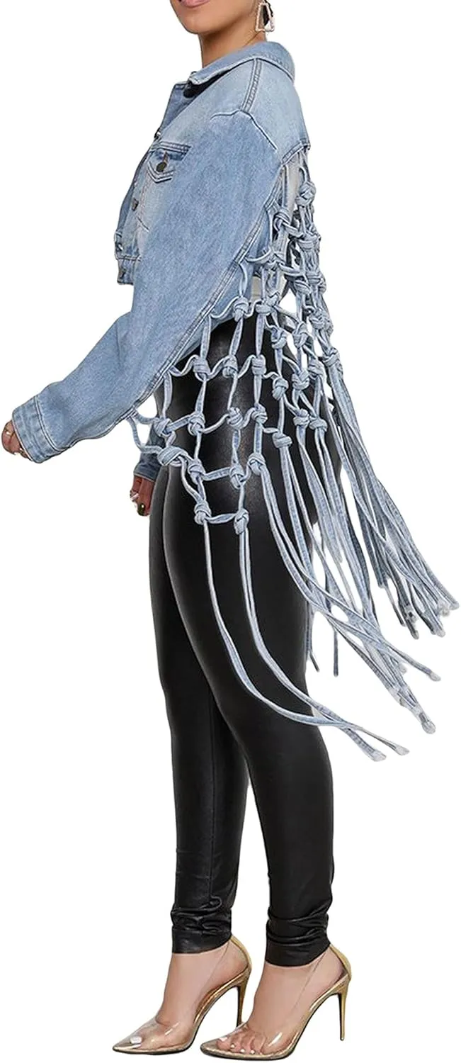 CHARTOU Women's Dressy Button Down Fringed Back Knotted Cropped Denim Jacket