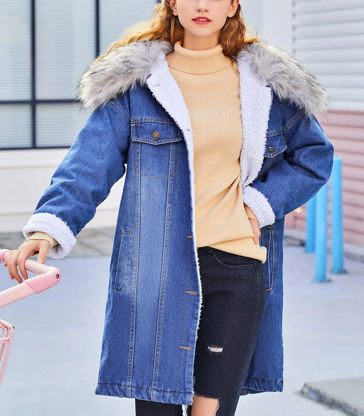 CHARTOU Women's Warm Faux Fur Collar Sherpa-Lined Midi Long Winter Denim Parka Jacket