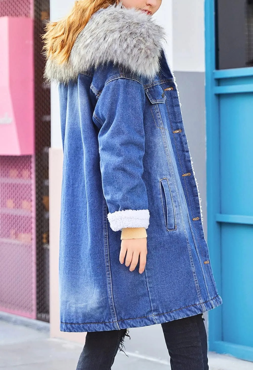 CHARTOU Women's Warm Faux Fur Collar Sherpa-Lined Midi Long Winter Denim Parka Jacket