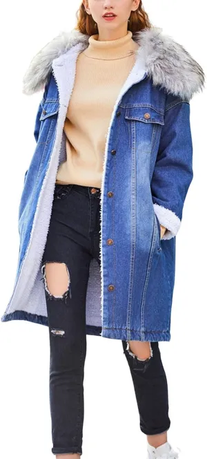 CHARTOU Women's Warm Faux Fur Collar Sherpa-Lined Midi Long Winter Denim Parka Jacket