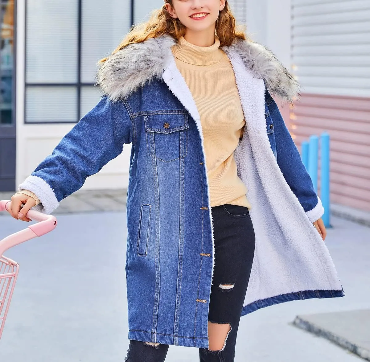 CHARTOU Women's Warm Faux Fur Collar Sherpa-Lined Midi Long Winter Denim Parka Jacket