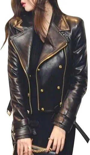 CHAYELL Womens Brando Leather Jacket Ladies Rose Golden Genuine Leather Motorcycle Biker Black Lambskin Jacket