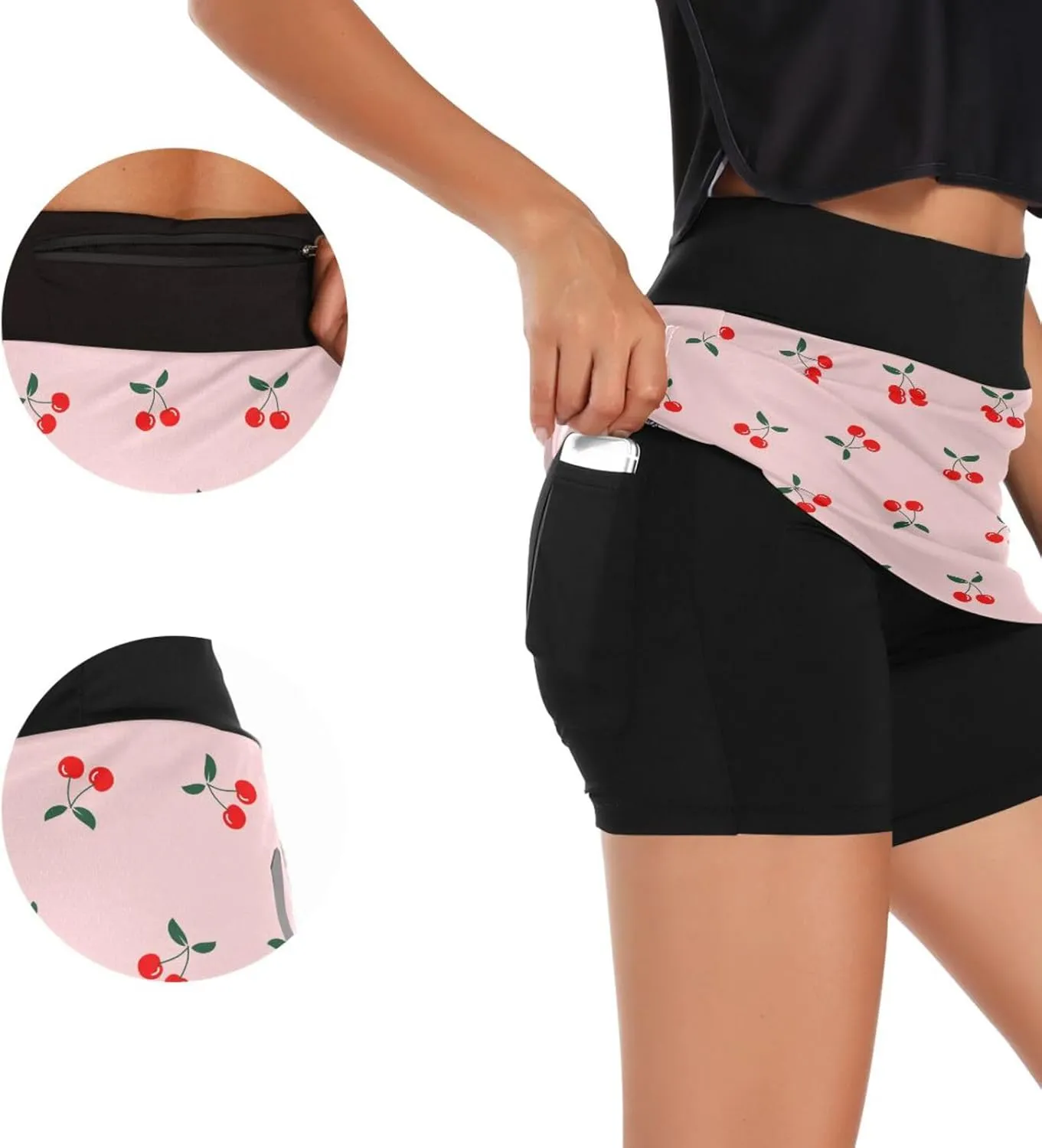 Cherry Fruit Tennis Skirt for Women's Golf Workout Casual Shorts Skirts with Pockets Inner Shorts