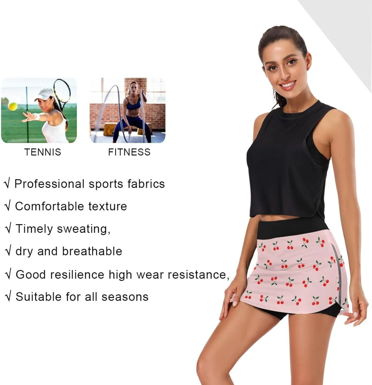 Cherry Fruit Tennis Skirt for Women's Golf Workout Casual Shorts Skirts with Pockets Inner Shorts