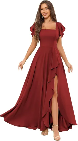 Chiffon Bridesmaid Dresses for Women Ruffle Corset Long Square Neck Formal Evening Dress with Sleeves Slit