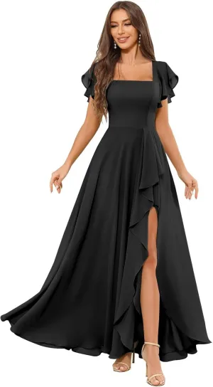 Chiffon Bridesmaid Dresses for Women Ruffle Corset Long Square Neck Formal Evening Dress with Sleeves Slit