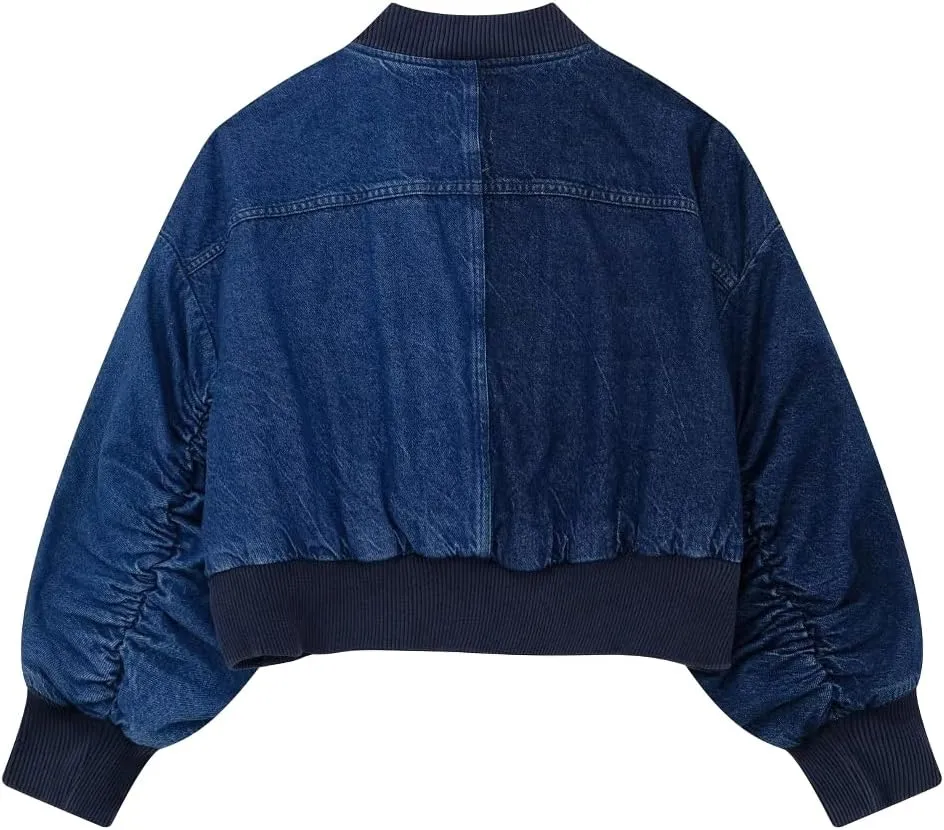 chouyatou Women's Casual Jean Jacket Zip Up Bomber Jacket Color Block Cropped Denim Short Jacket Coat