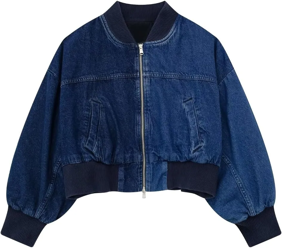 chouyatou Women's Casual Jean Jacket Zip Up Bomber Jacket Color Block Cropped Denim Short Jacket Coat