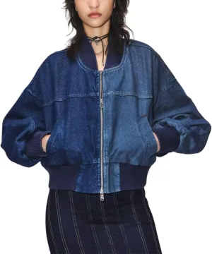 chouyatou Women's Casual Jean Jacket Zip Up Bomber Jacket Color Block Cropped Denim Short Jacket Coat