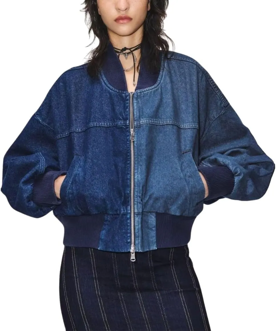 chouyatou Women's Casual Jean Jacket Zip Up Bomber Jacket Color Block Cropped Denim Short Jacket Coat