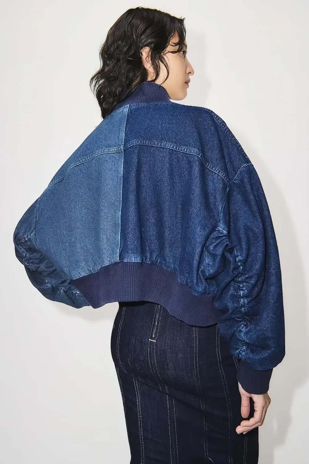 chouyatou Women's Casual Jean Jacket Zip Up Bomber Jacket Color Block Cropped Denim Short Jacket Coat