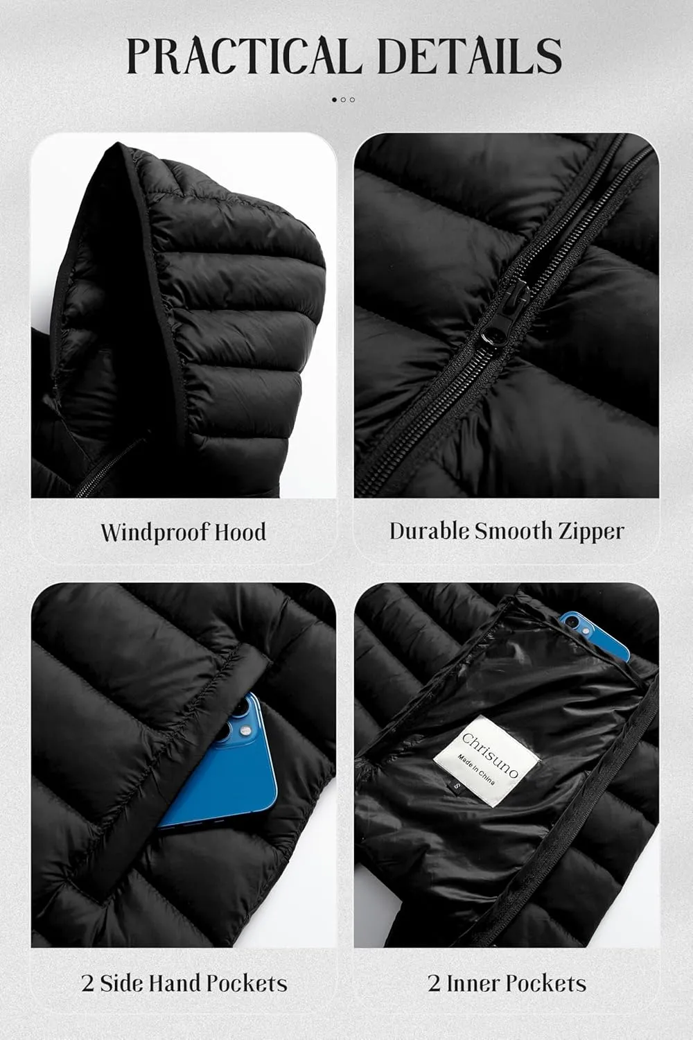 Chrisuno Women's Lightweight Short Puffer Jacket Packable Quilt Warm Winter Coat with Removable Hood