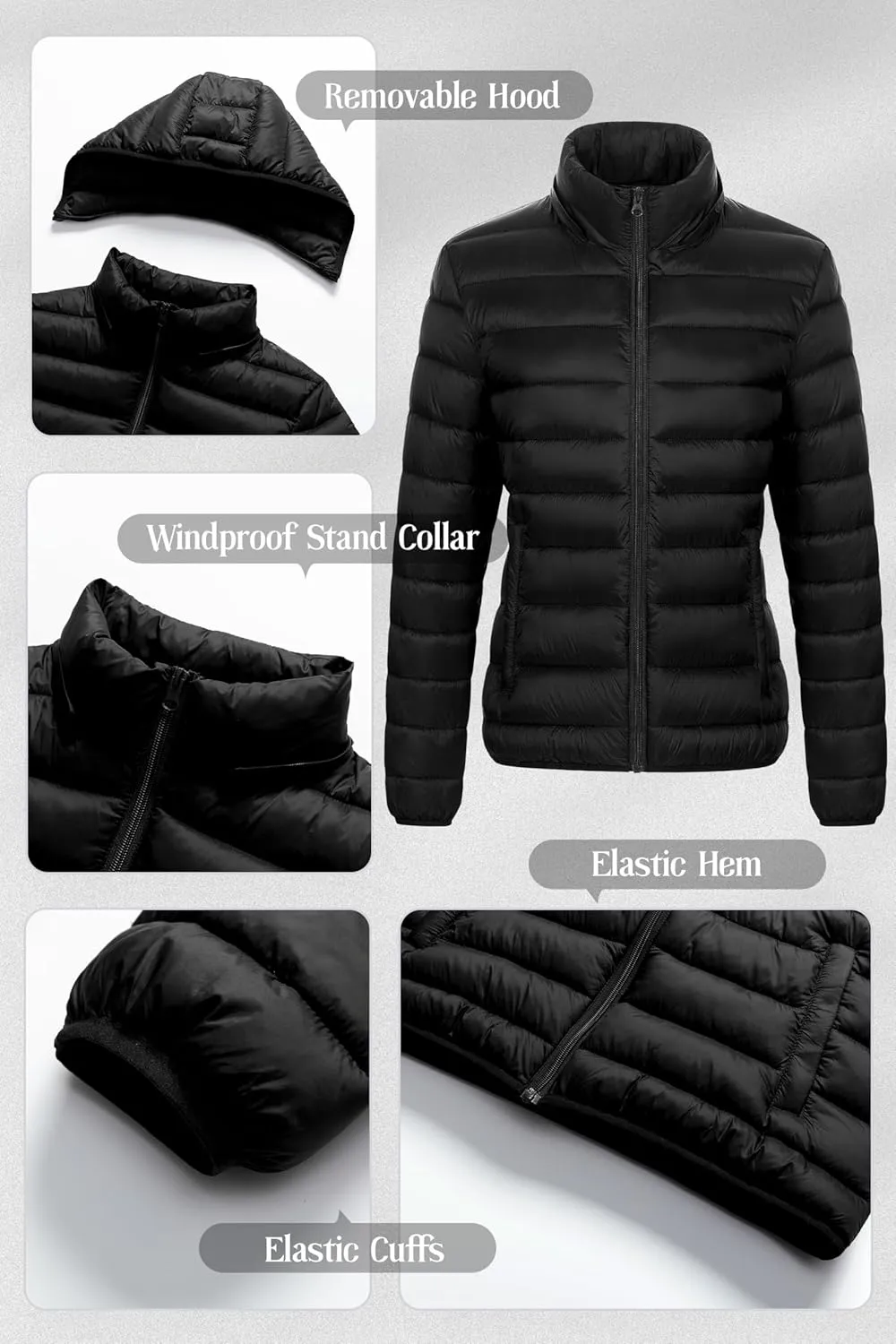 Chrisuno Women's Lightweight Short Puffer Jacket Packable Quilt Warm Winter Coat with Removable Hood