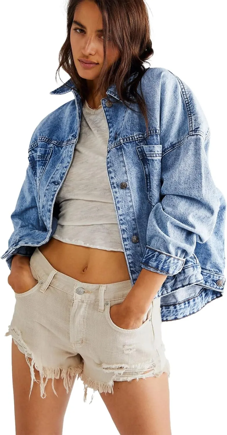 Classic Long Sleeve Denim Jacket: Light Blue Washed, Oversized Fit