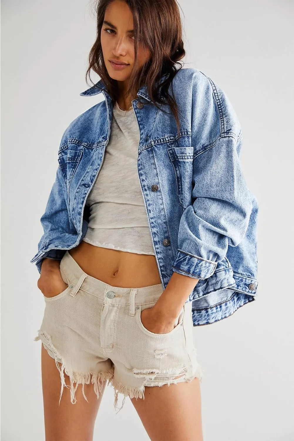 Classic Long Sleeve Denim Jacket: Light Blue Washed, Oversized Fit