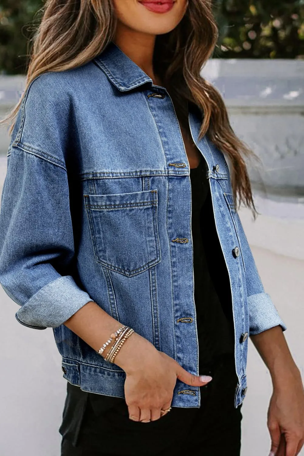 Classic Long Sleeve Denim Jacket: Light Blue Washed, Oversized Fit