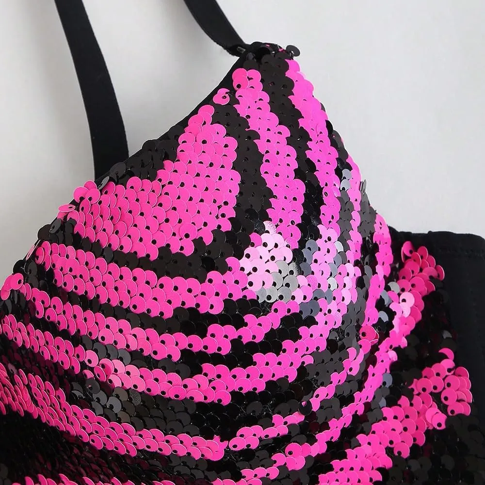 Color Block Sequined Camisole Top Outwear Feminine Fishbone Bra Tanks