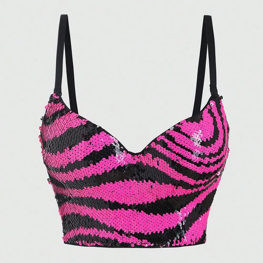 Color Block Sequined Camisole Top Outwear Feminine Fishbone Bra Tanks