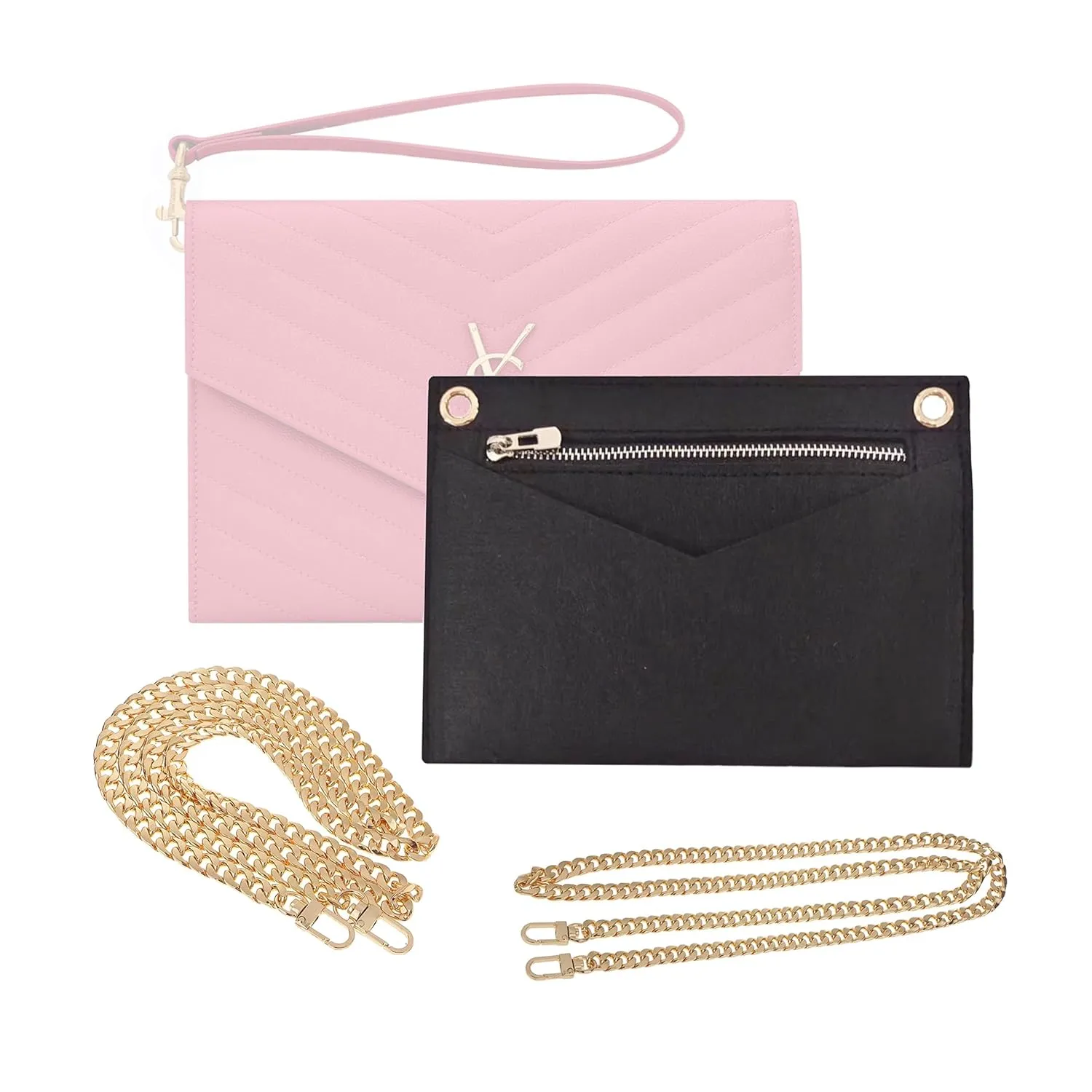Conversion Kit compatible with Monogram Clutch, Insert with 120cm - 47" inches Premium Gold Chain, Wristlet Insert Wallet on Chain (Dark Beige)