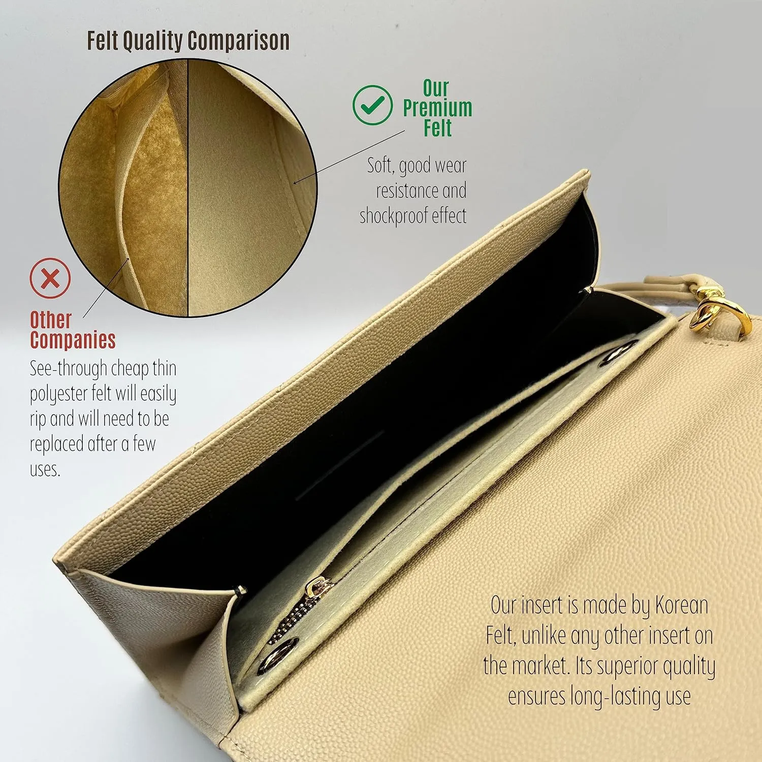 Conversion Kit compatible with Monogram Clutch, Insert with 120cm - 47" inches Premium Gold Chain, Wristlet Insert Wallet on Chain (Dark Beige)