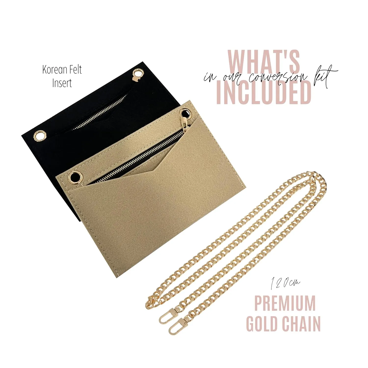 Conversion Kit compatible with Monogram Clutch, Insert with 120cm - 47" inches Premium Gold Chain, Wristlet Insert Wallet on Chain (Dark Beige)