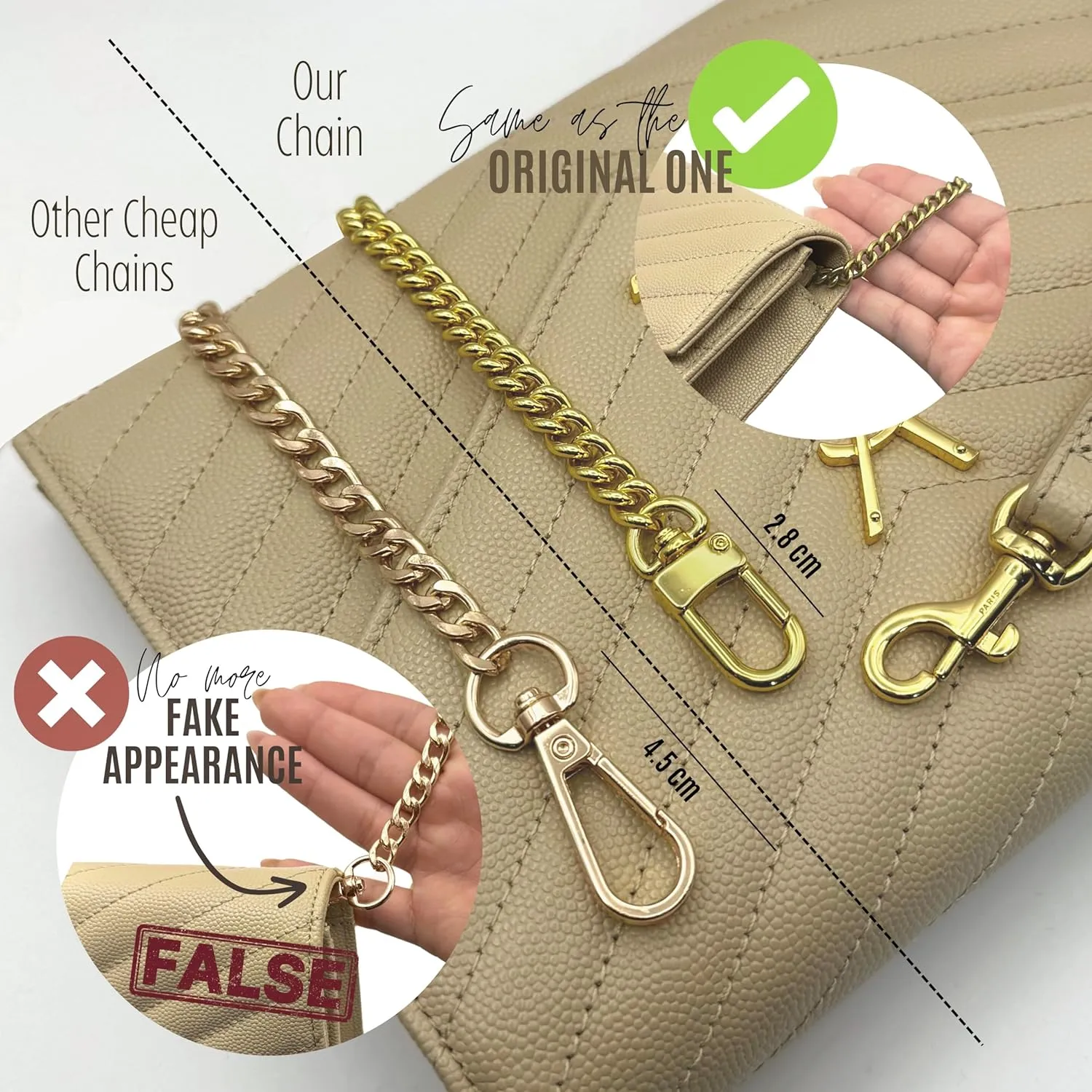 Conversion Kit compatible with Monogram Clutch, Insert with 120cm - 47" inches Premium Gold Chain, Wristlet Insert Wallet on Chain (Dark Beige)