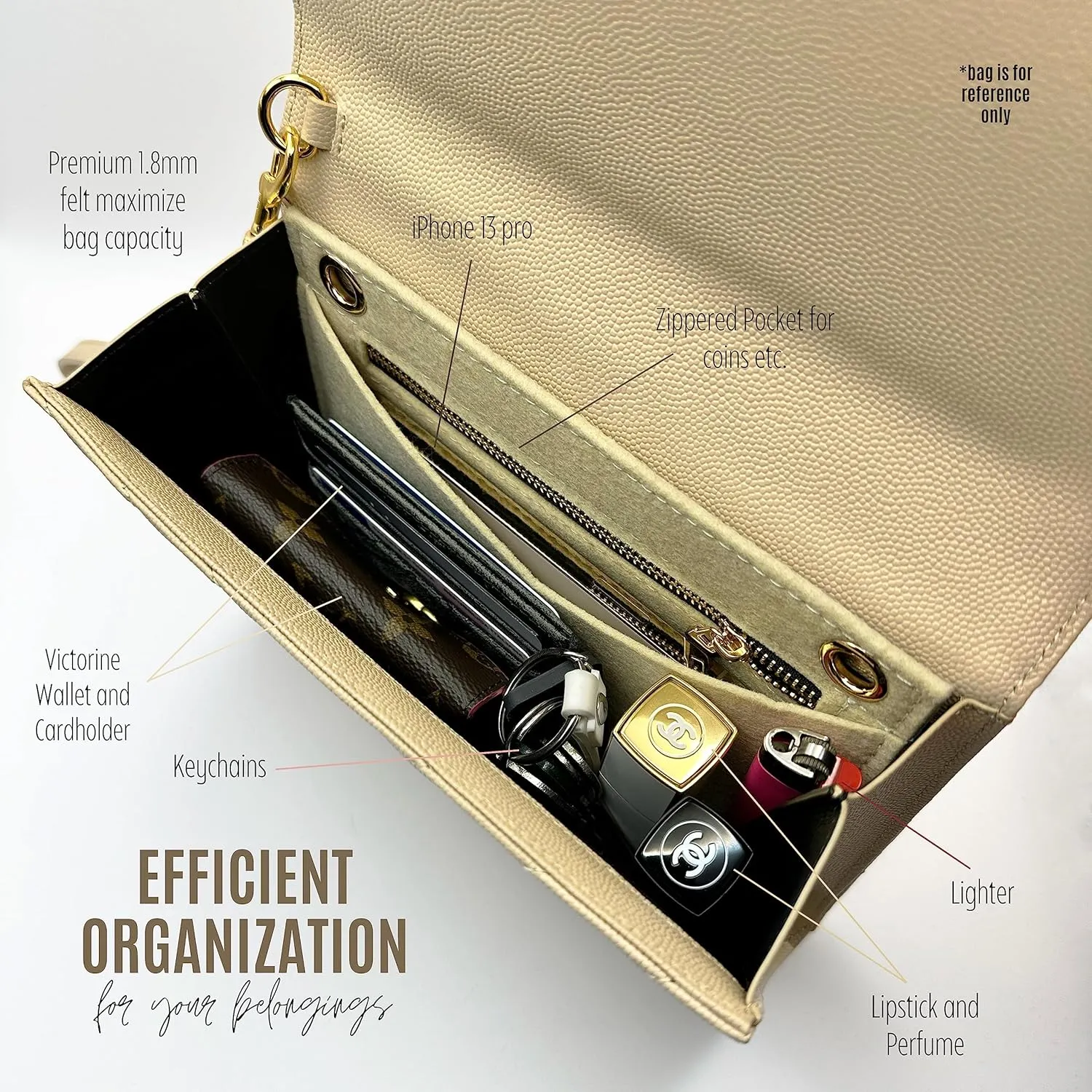 Conversion Kit compatible with Monogram Clutch, Insert with 120cm - 47" inches Premium Gold Chain, Wristlet Insert Wallet on Chain (Dark Beige)