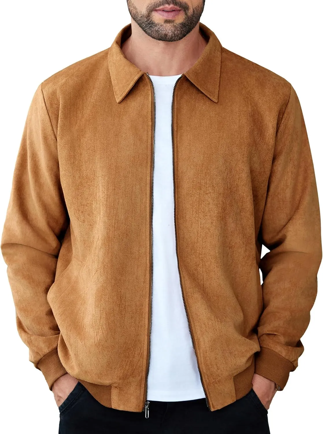 COOFANDY Men's Casual Suede Bomber Jacket Lightweight Full Zip Up Jackets Vintage Faux Leather Jacket
