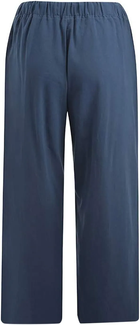 Cotton Linen Capri Pants for Women 2025 Summer Vacation Beach Trouser Drawstring High Waist Lounge Pants with Pockets