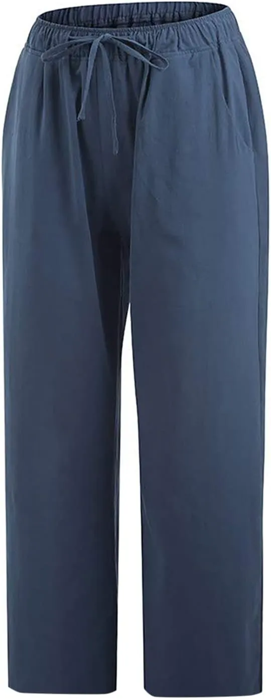 Cotton Linen Capri Pants for Women 2025 Summer Vacation Beach Trouser Drawstring High Waist Lounge Pants with Pockets