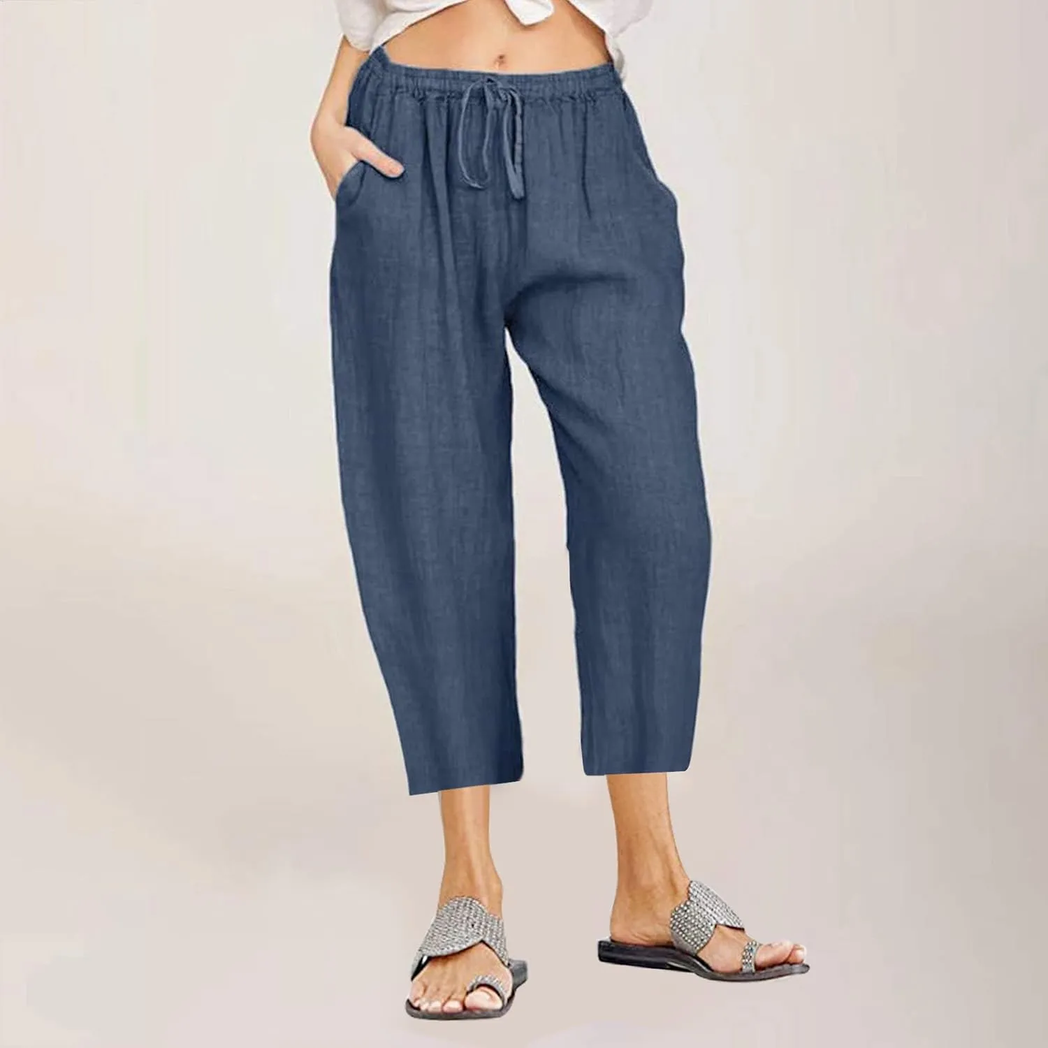Cotton Linen Capri Pants for Women 2025 Summer Vacation Beach Trouser Drawstring High Waist Lounge Pants with Pockets
