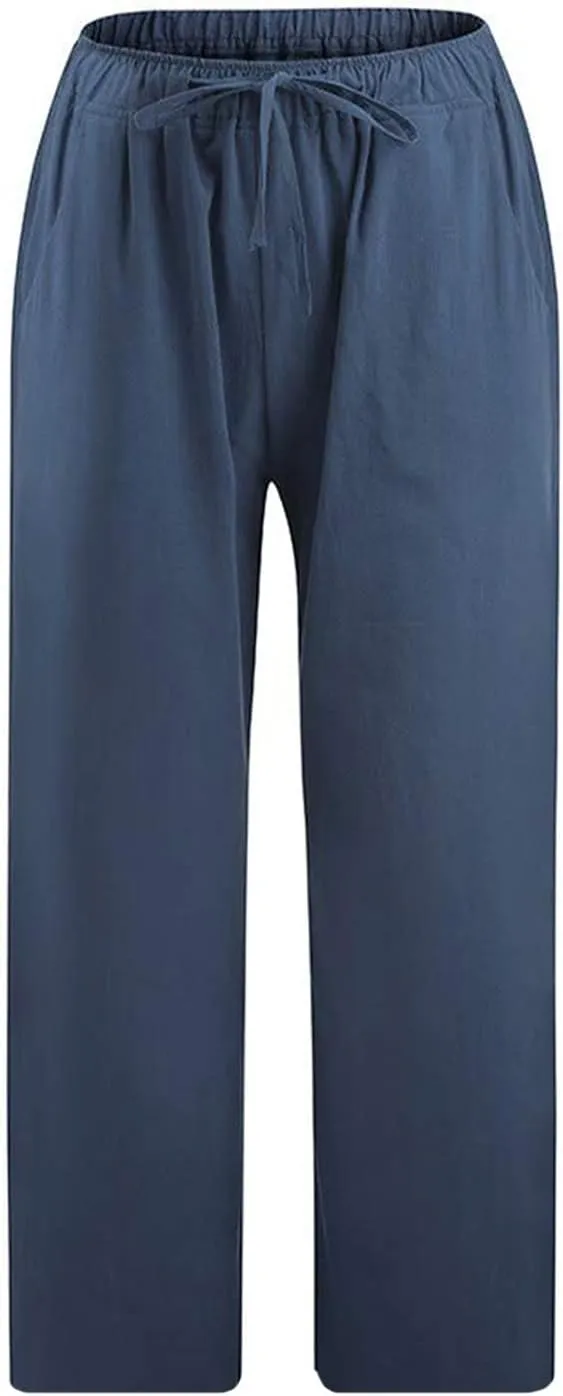 Cotton Linen Capri Pants for Women 2025 Summer Vacation Beach Trouser Drawstring High Waist Lounge Pants with Pockets