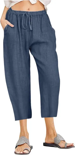 Cotton Linen Capri Pants for Women 2025 Summer Vacation Beach Trouser Drawstring High Waist Lounge Pants with Pockets