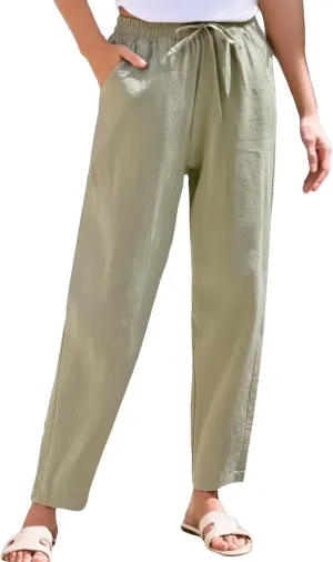 Cotton Linen Capri Pants for Women,Dress Sweatpants Wide Leg Cargo Trousers Leg High Waisted Petite