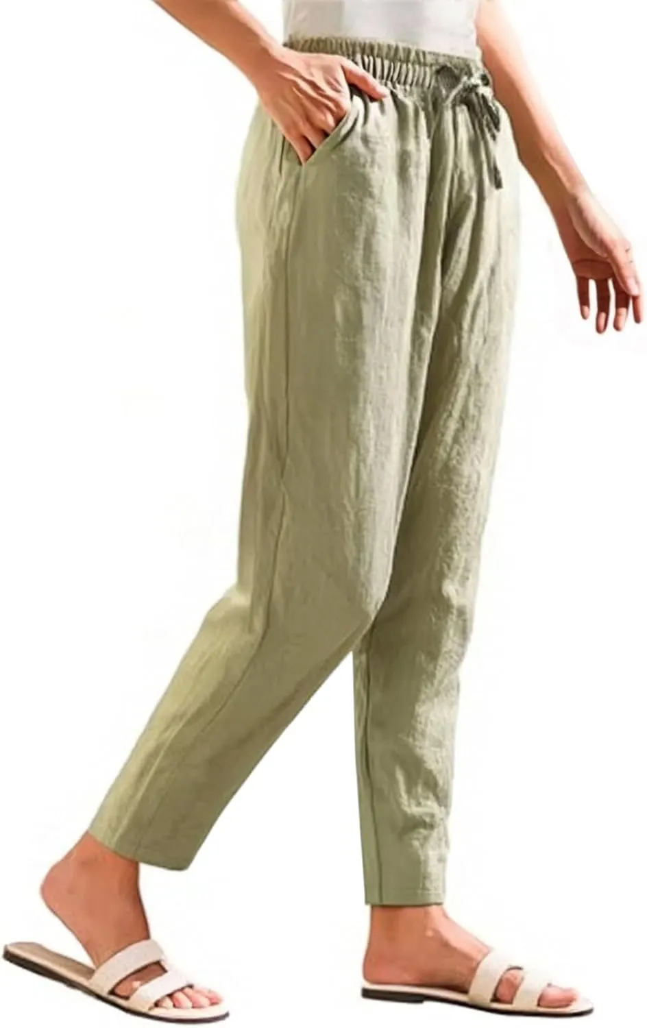 Cotton Linen Capri Pants for Women,Dress Sweatpants Wide Leg Cargo Trousers Leg High Waisted Petite