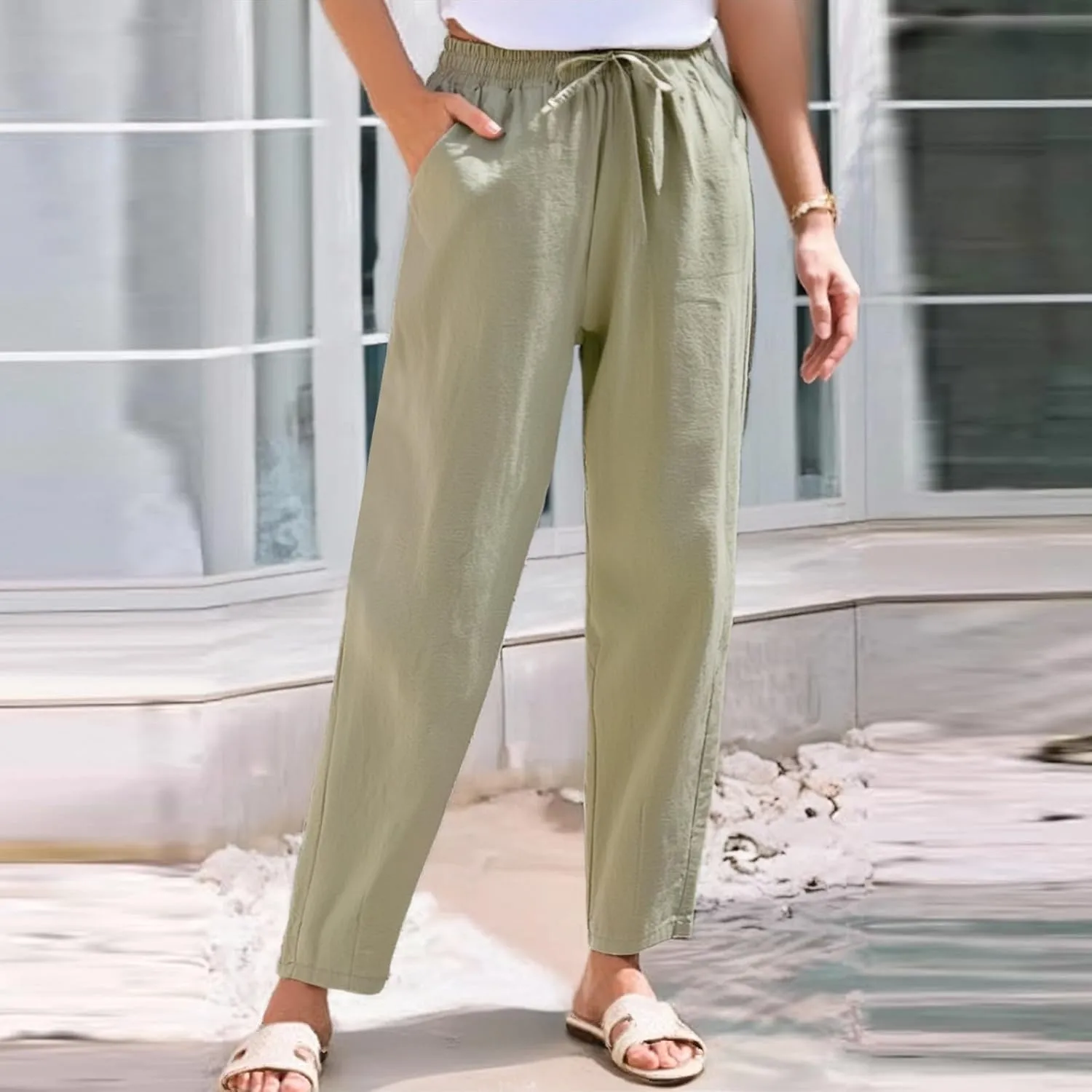 Cotton Linen Capri Pants for Women,Dress Sweatpants Wide Leg Cargo Trousers Leg High Waisted Petite