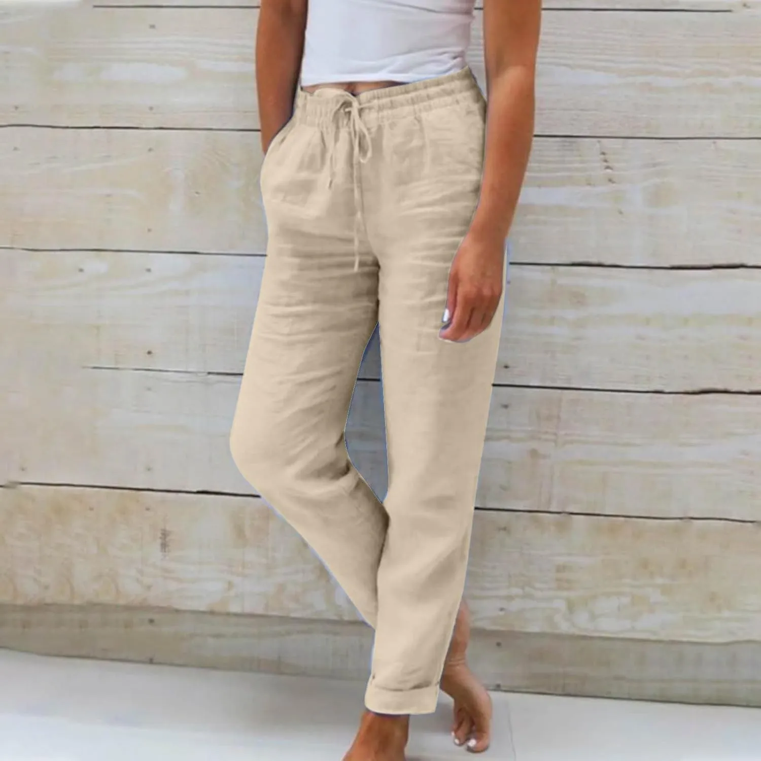 Cotton Linen Cropped Pants for Women Fashion Drawstring Solid Pant Boho Beach Comfy Slacks 2025 Summer Travel Clothes