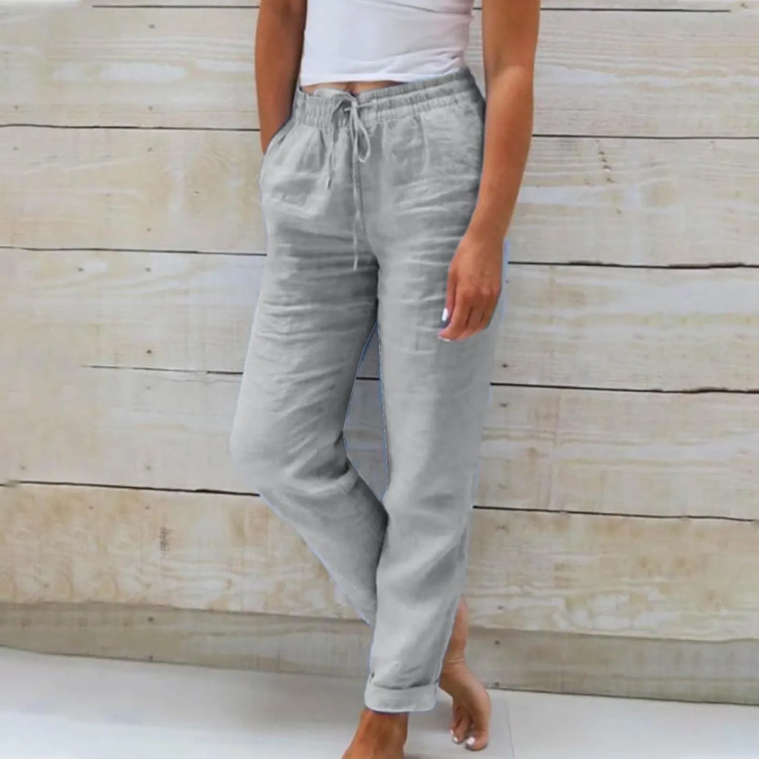 Cotton Linen Cropped Pants for Women Fashion Drawstring Solid Pant Boho Beach Comfy Slacks 2025 Summer Travel Clothes