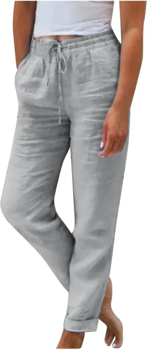 Cotton Linen Cropped Pants for Women Fashion Drawstring Solid Pant Boho Beach Comfy Slacks 2025 Summer Travel Clothes